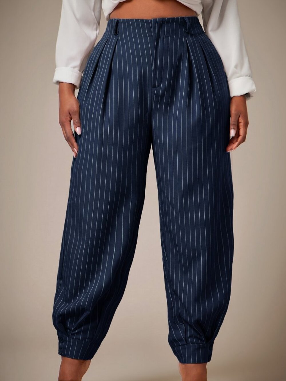 Navy Blue Casual Women's Pleated Pocket Pants